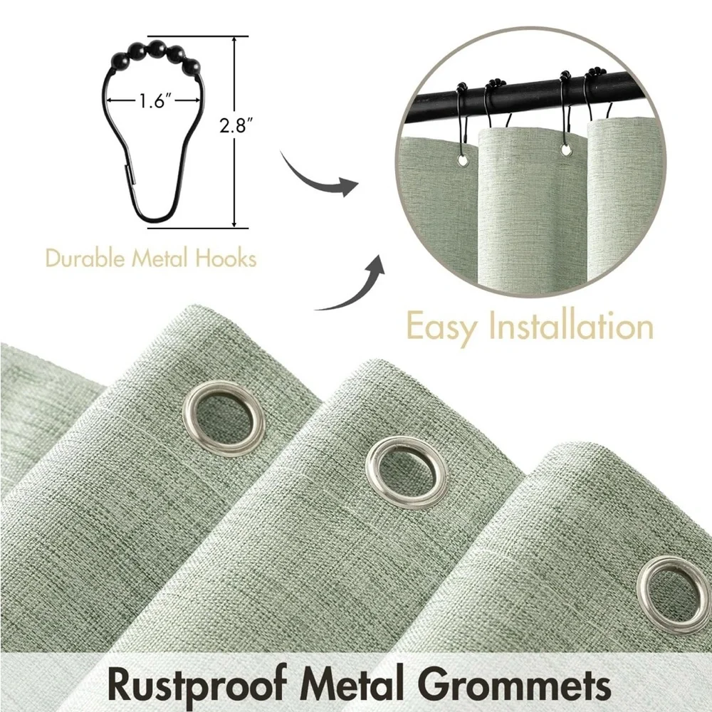 Sage Green Shower Curtain Linen with 12 Metal Hooks Black Scalloped Border